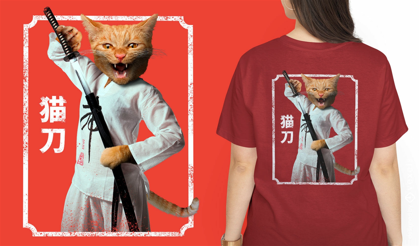 Gato ninja con dise?o de camiseta de espada.