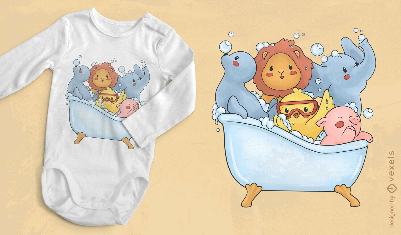 Animais de bebê em design de camiseta de banheira