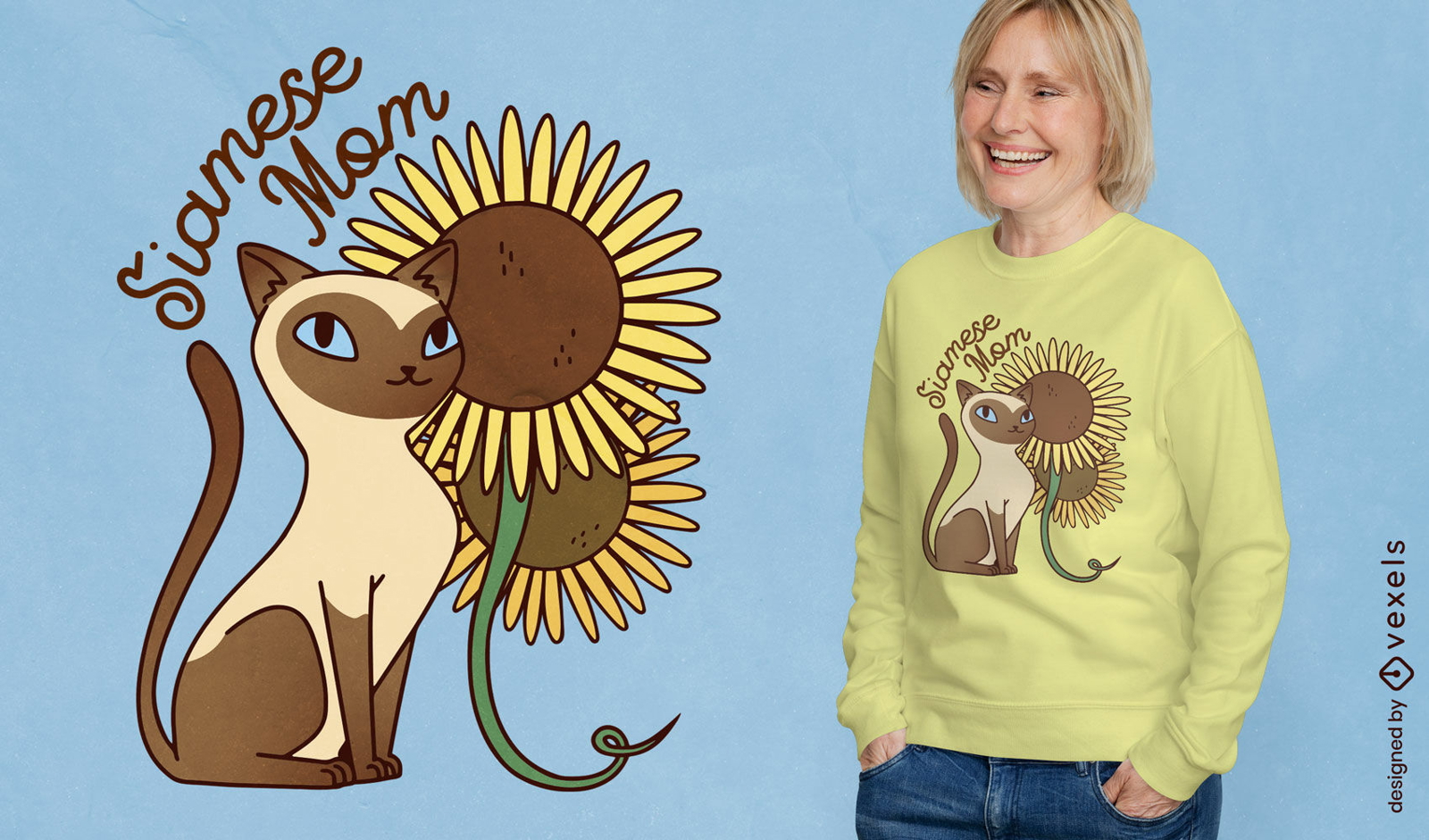 Diseño de camiseta de girasoles de mamá gato siamés