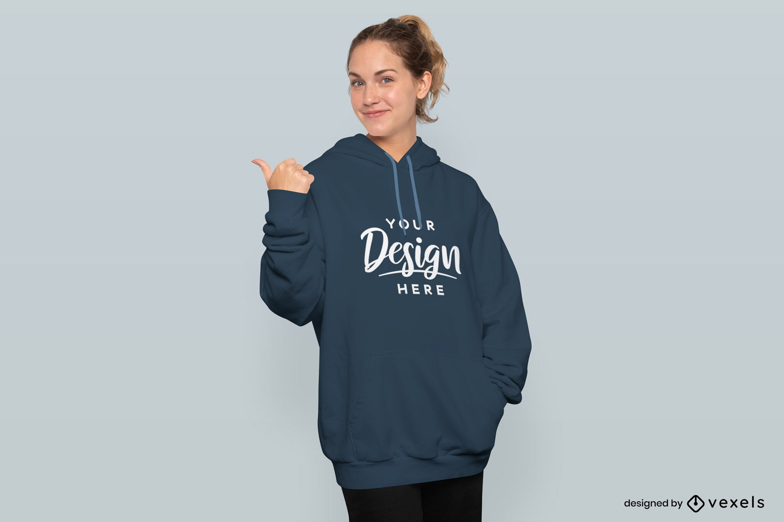 Woman pointing with thumb aside hoodie mockup