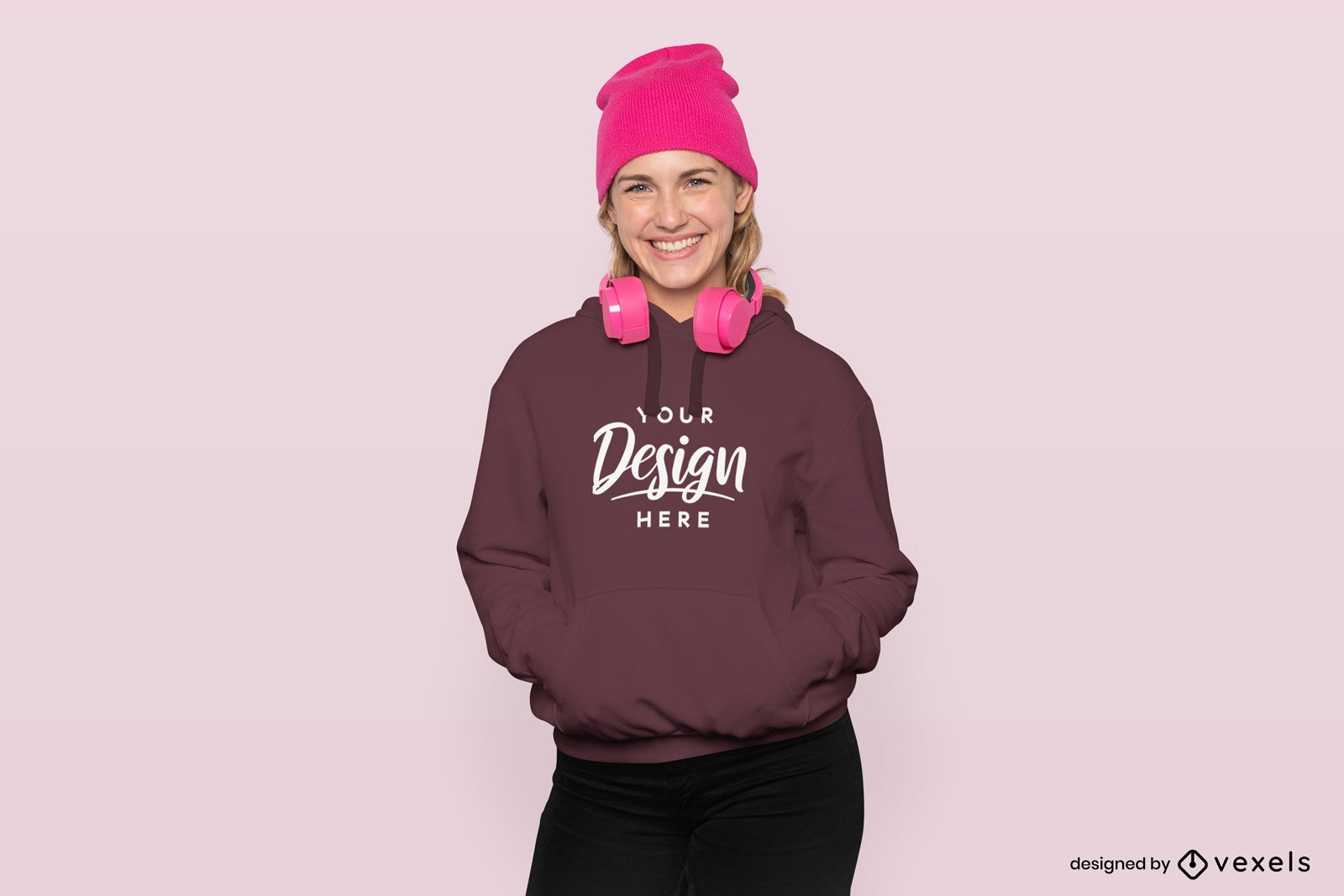 Pink beanie and headphones model hoodie mockup