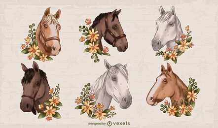 Conjunto de cavalos florais em aquarela