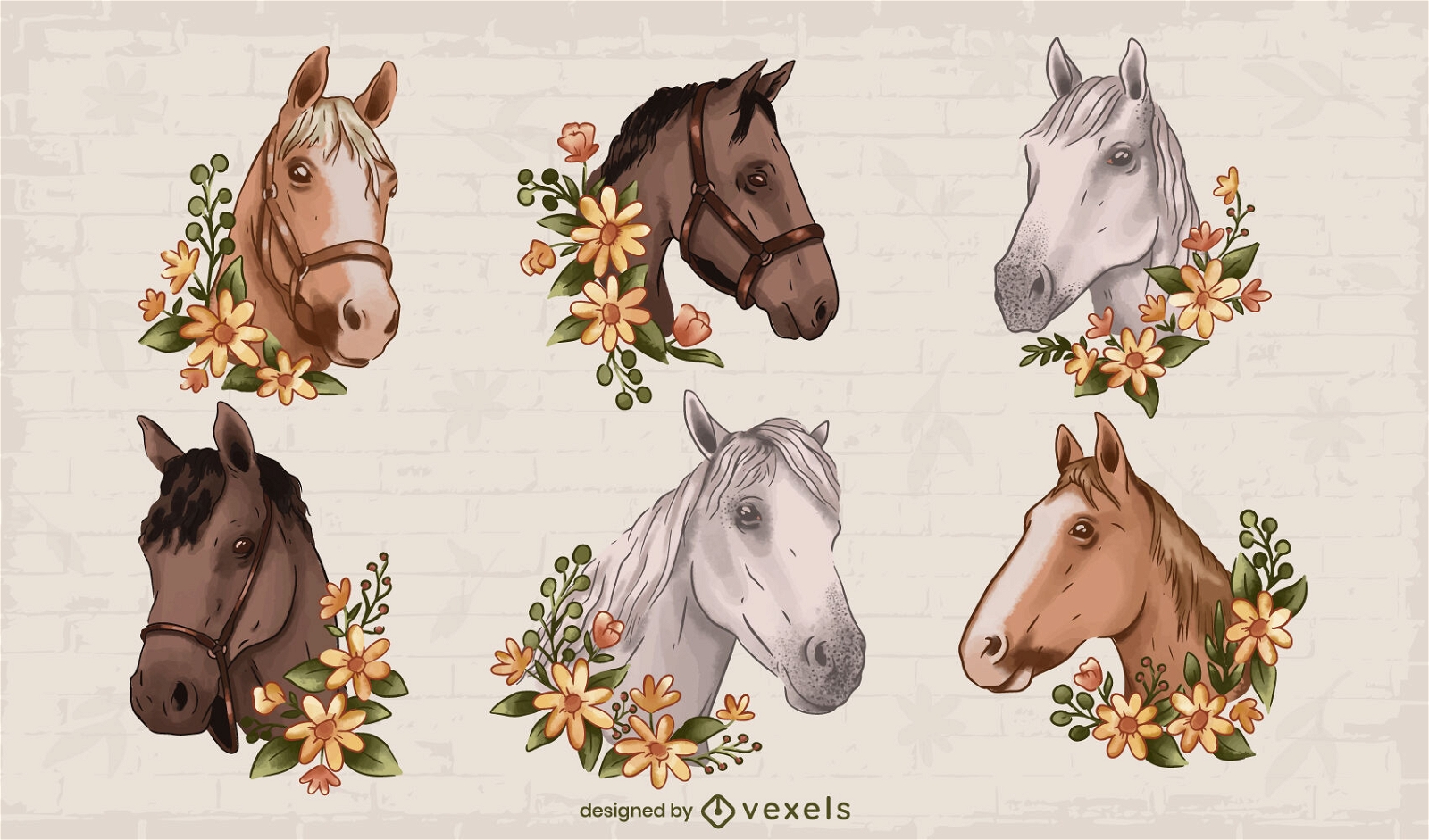 Conjunto de caballos florales acuarela