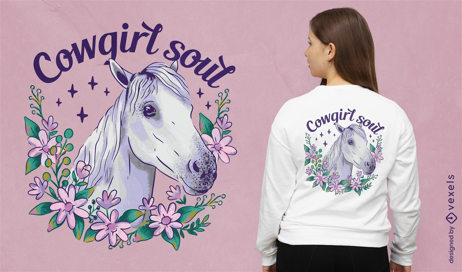 Dise?o de camiseta de caballo blanco con flores.