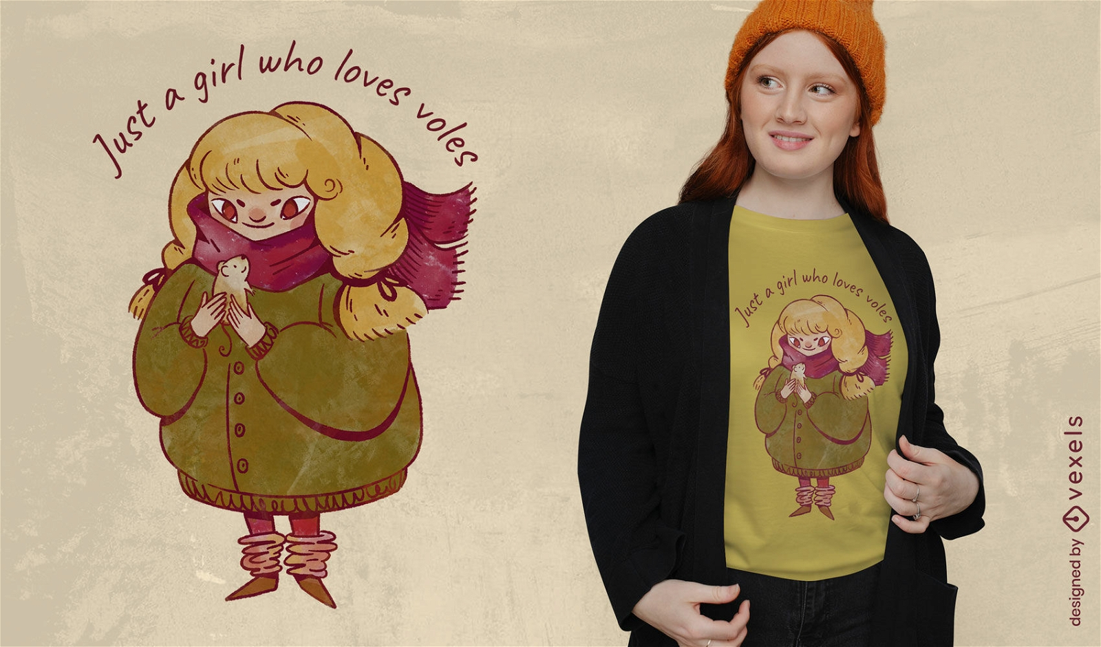 Red scarf girl with vole t-shirt design