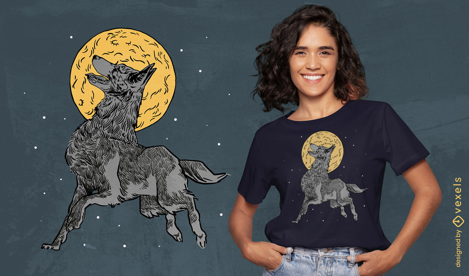 Diseño de camiseta de luna llena de lobo aullando