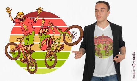 Diseño de camiseta de esqueletos montando bicicletas BMX