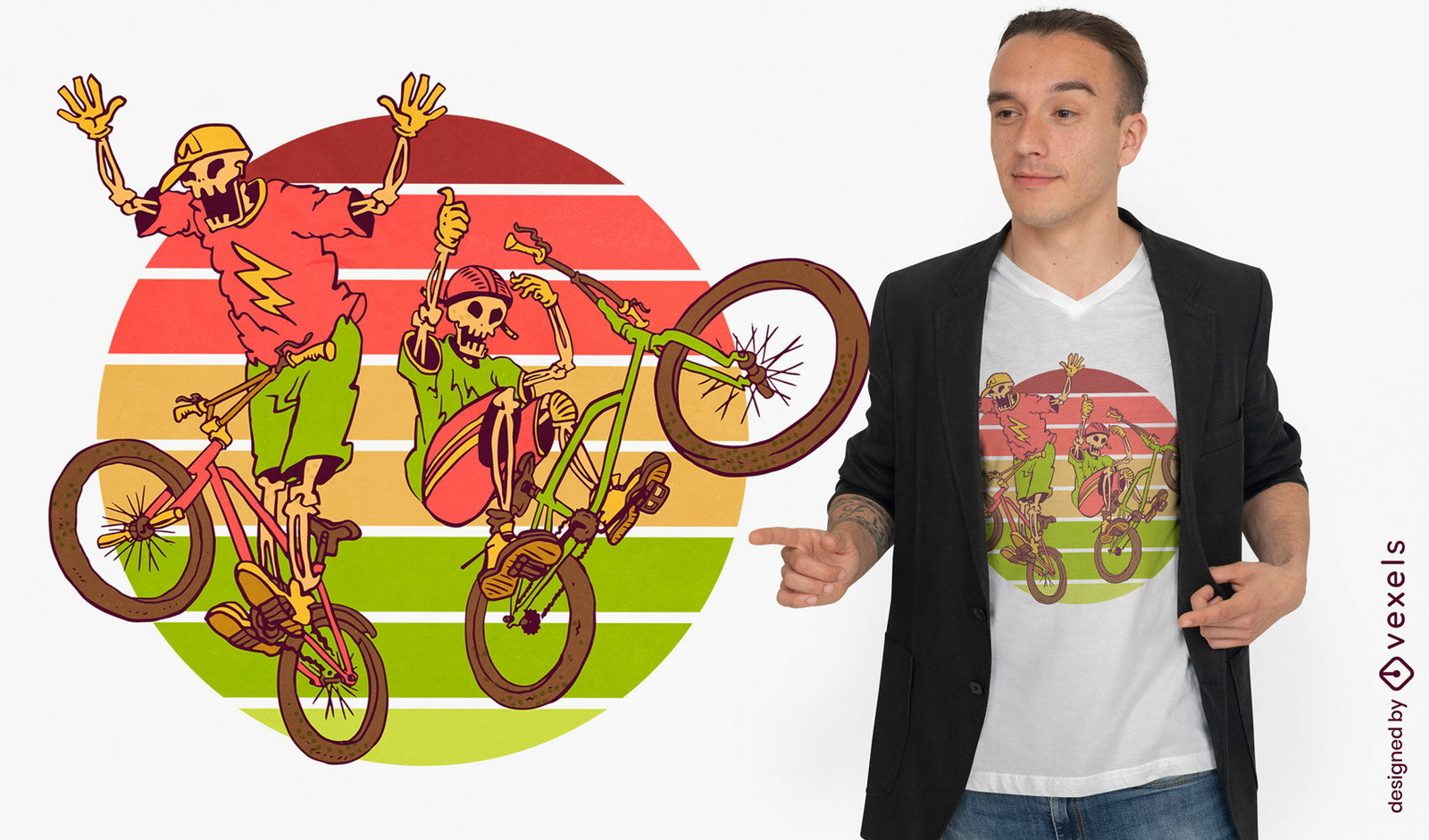 Diseño de camiseta de esqueletos montando bicicletas BMX