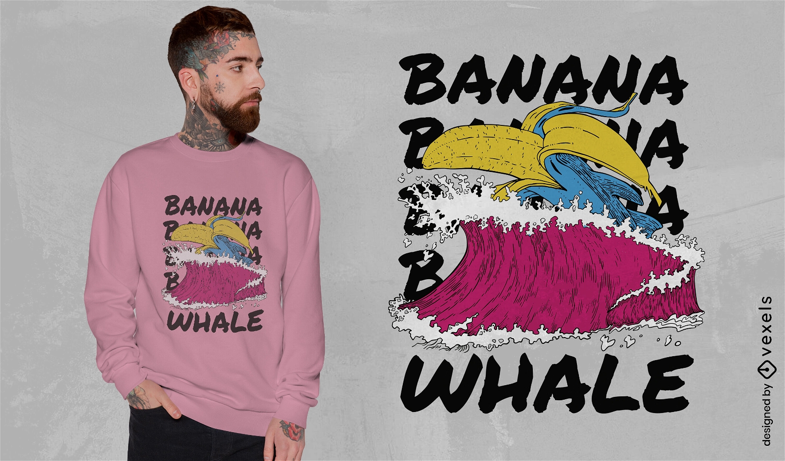 Banana whale surfing t-shirt design