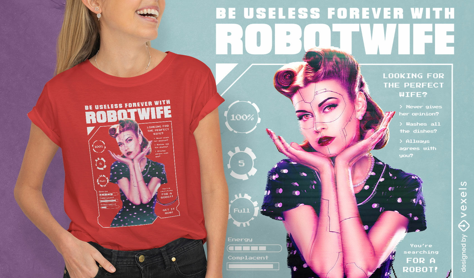 Design de camiseta futurista retrô de esposa robô