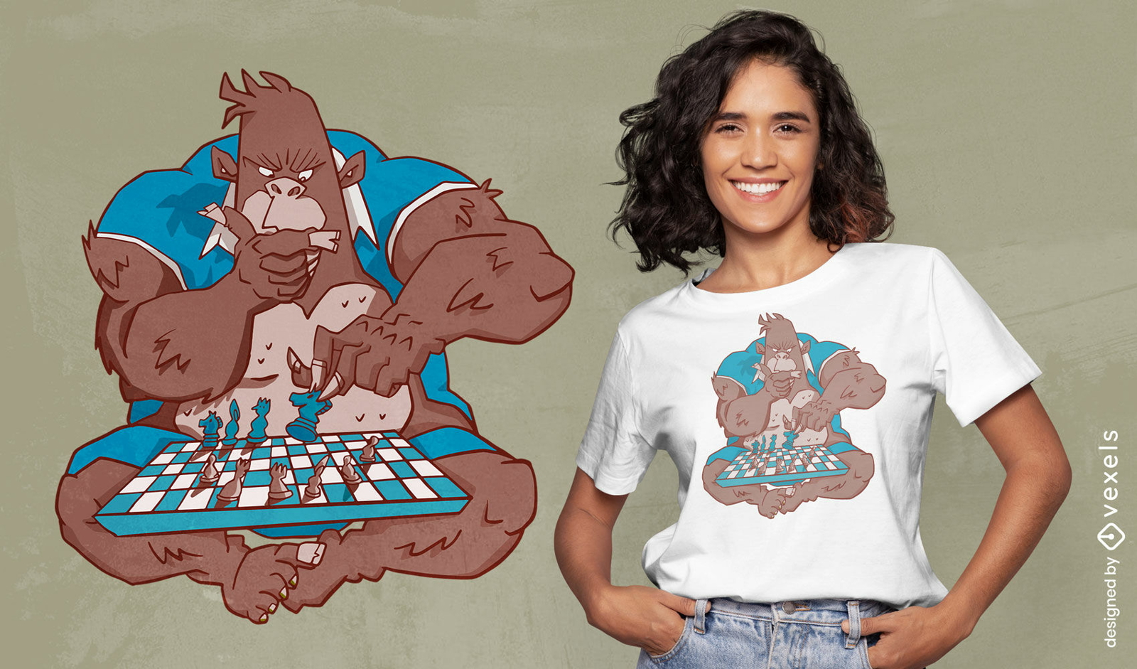 Diseño de camiseta de animal gorila jugando al ajedrez.