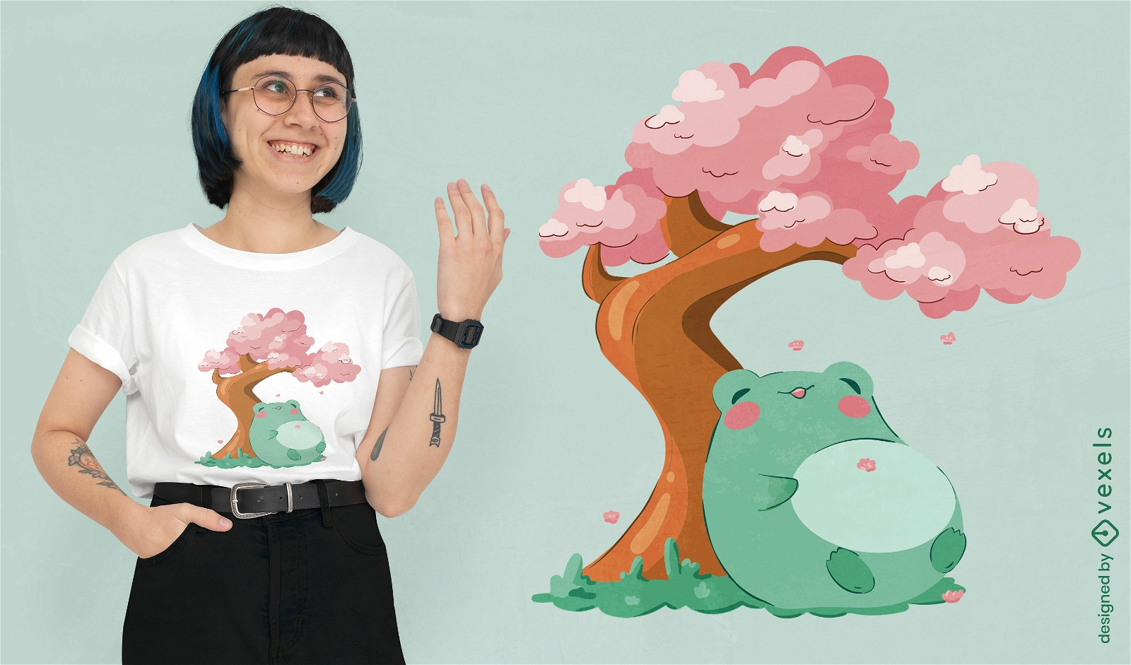 Diseño de camiseta de rana y árbol de sakura.