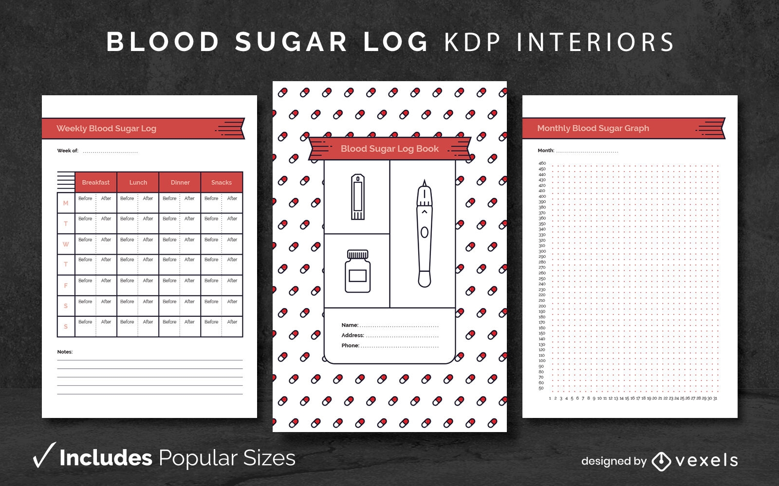 Blood sugar red Daily Log Design Template KDP