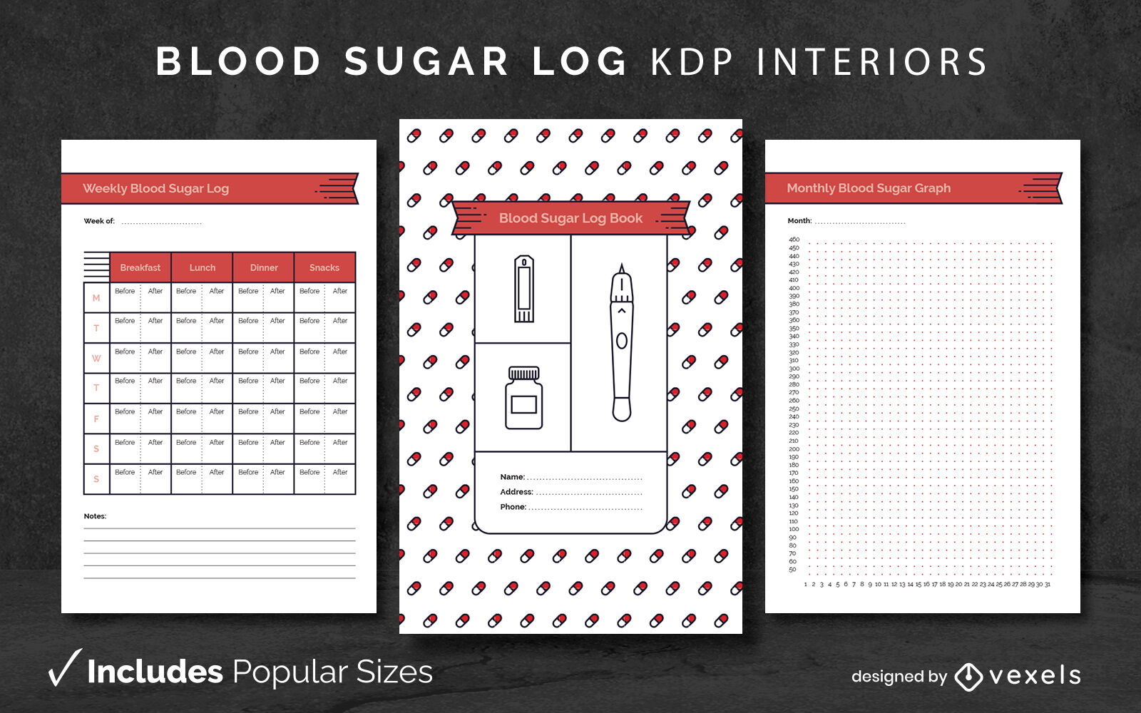 Modelo de design de registro diário vermelho de açúcar no sangue KDP