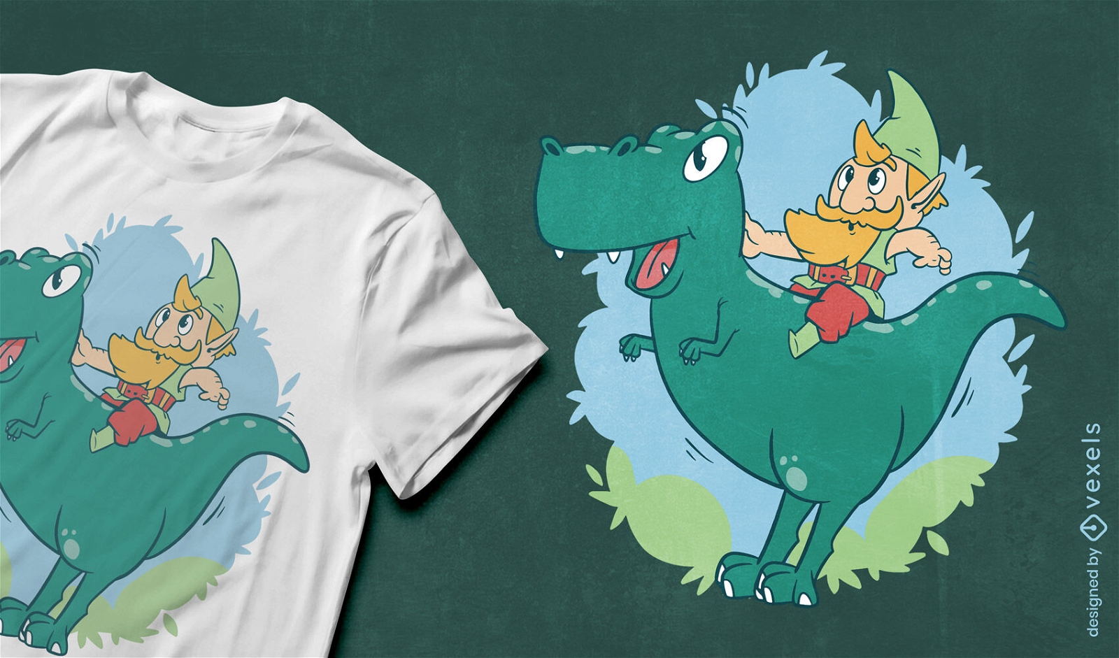 Gnome montando um design de camiseta t-rex