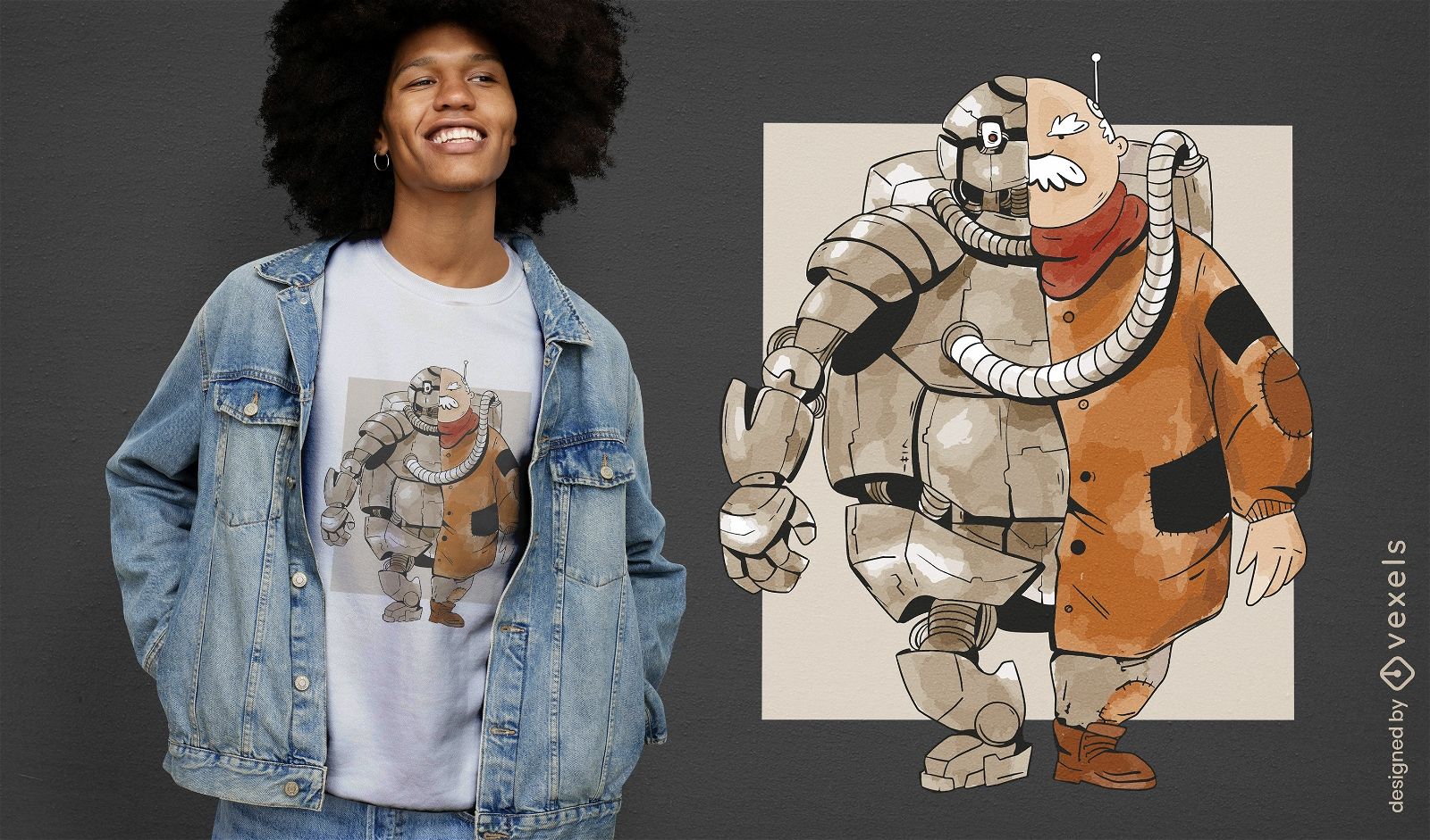 Diseño de camiseta de personaje mitad humano y robot.