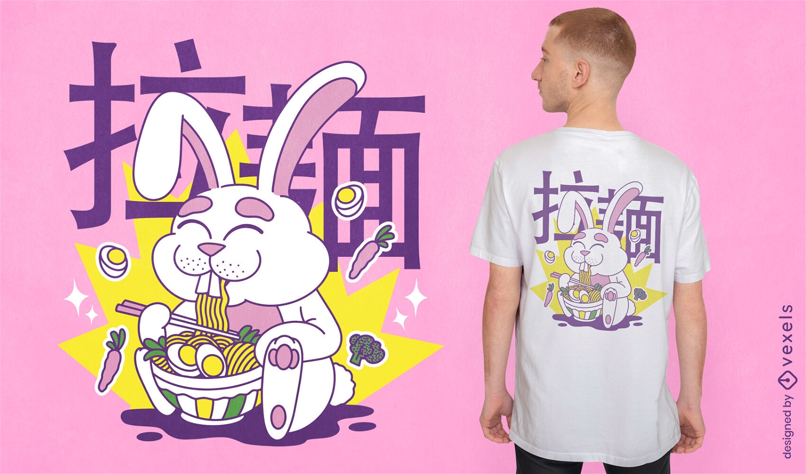 Diseño de camiseta de conejo comiendo ramen.