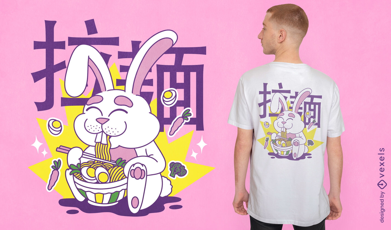 Diseño de camiseta de conejo comiendo ramen.