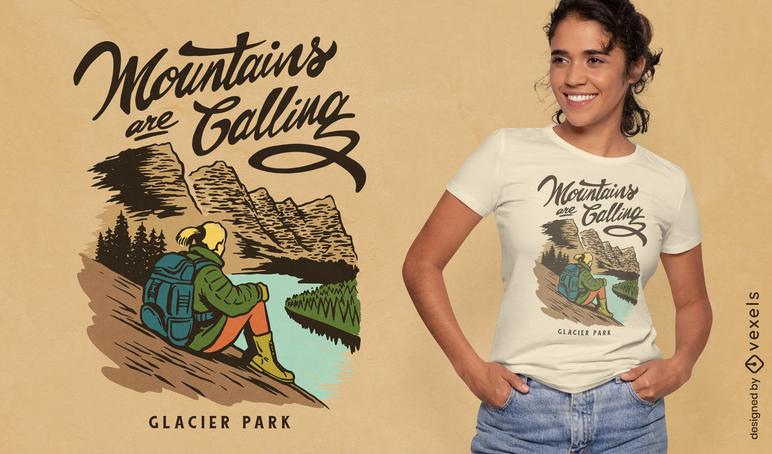 Mujer sentada en el diseño de camiseta del parque nacional de los glaciares