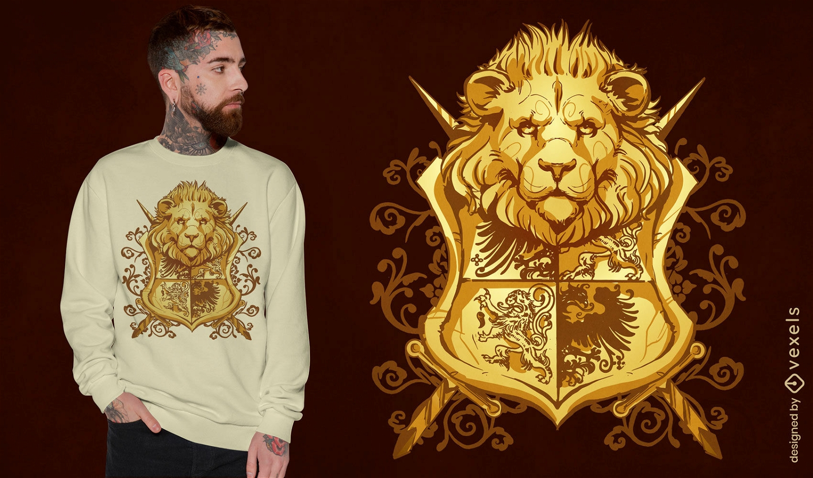 Design de camiseta com arte heráldica do leão