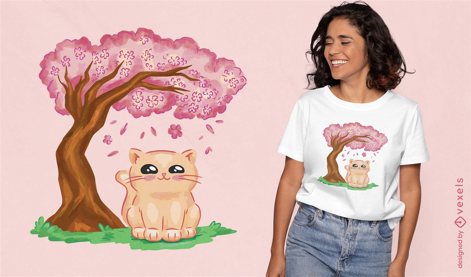 Design de camiseta de gato de flor de cerejeira