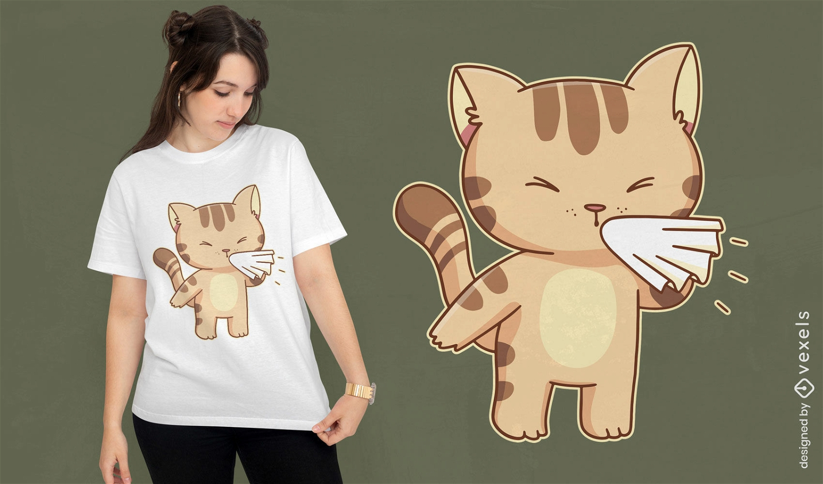 Design de camiseta de personagem de gato espirrando