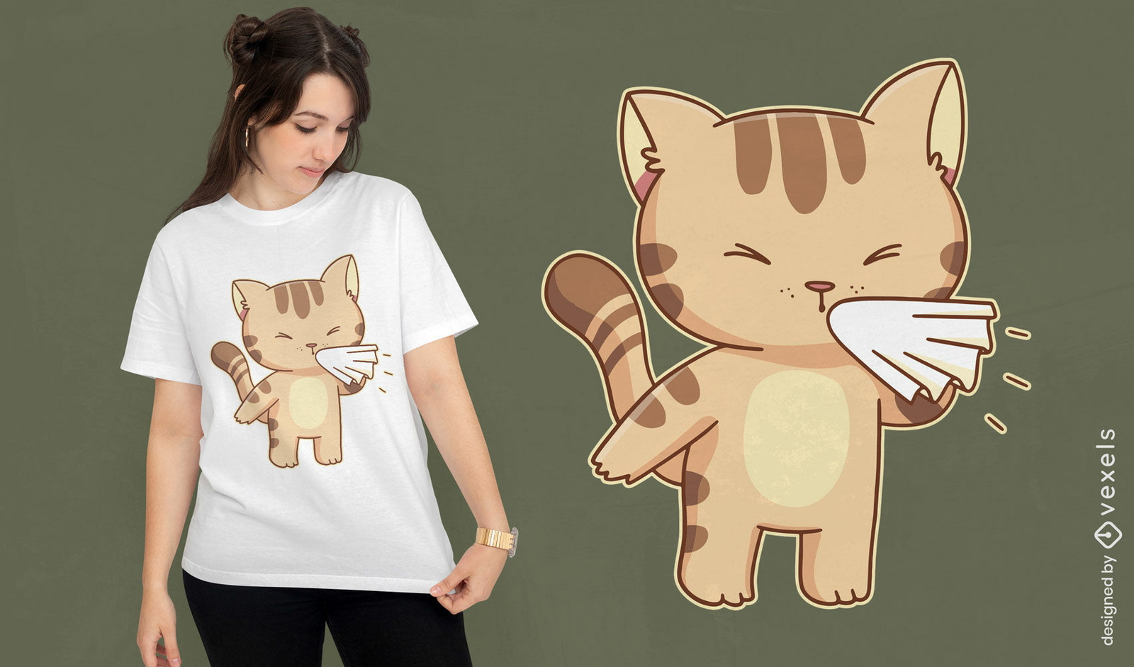 Diseño de camiseta de personaje de gato estornudando