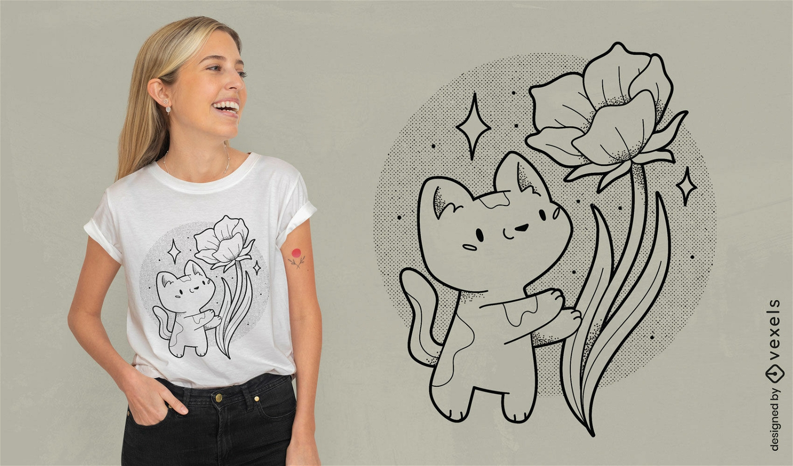 S??e Katze mit Blumen-T-Shirt-Design