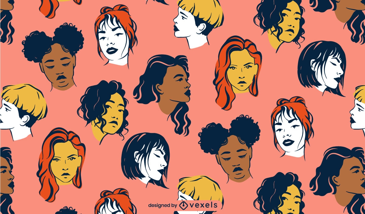 Diseño de patrones de caras de mujeres diversas.