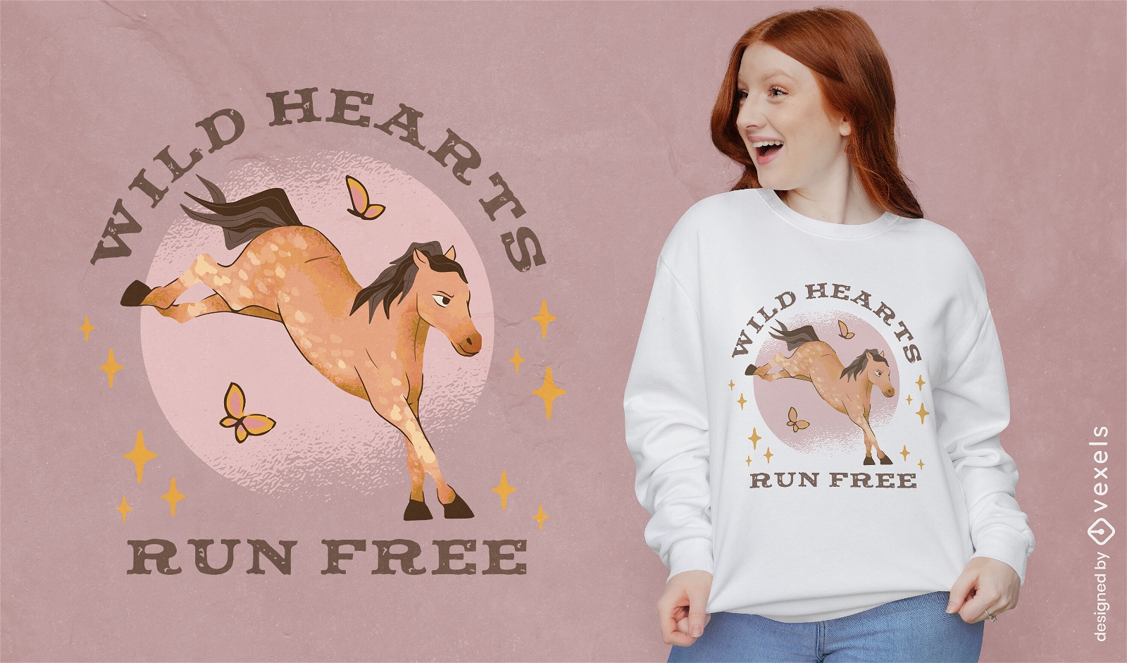 Pferd läuft mit Schmetterlings-T-Shirt-Design
