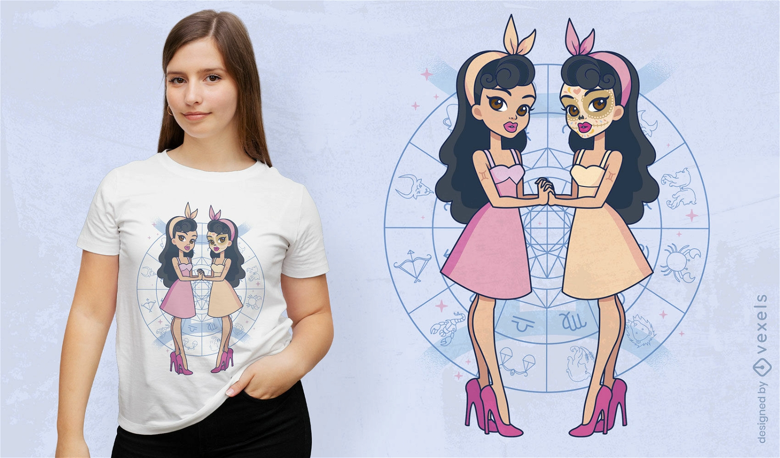 Pin up girl design de camiseta do zodíaco de gêmeos