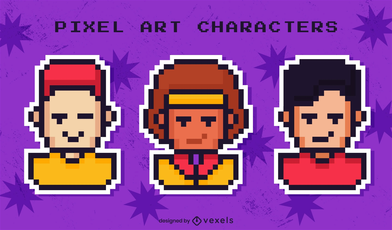 Personagens de homens sorrindo em conjunto de pixel art