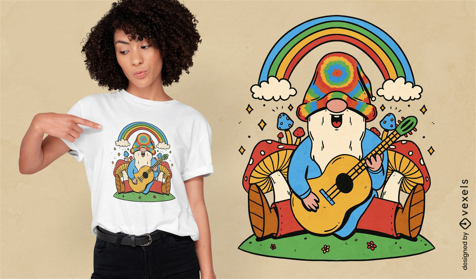 Hippie, der Gitarren-T-Shirt Design spielt