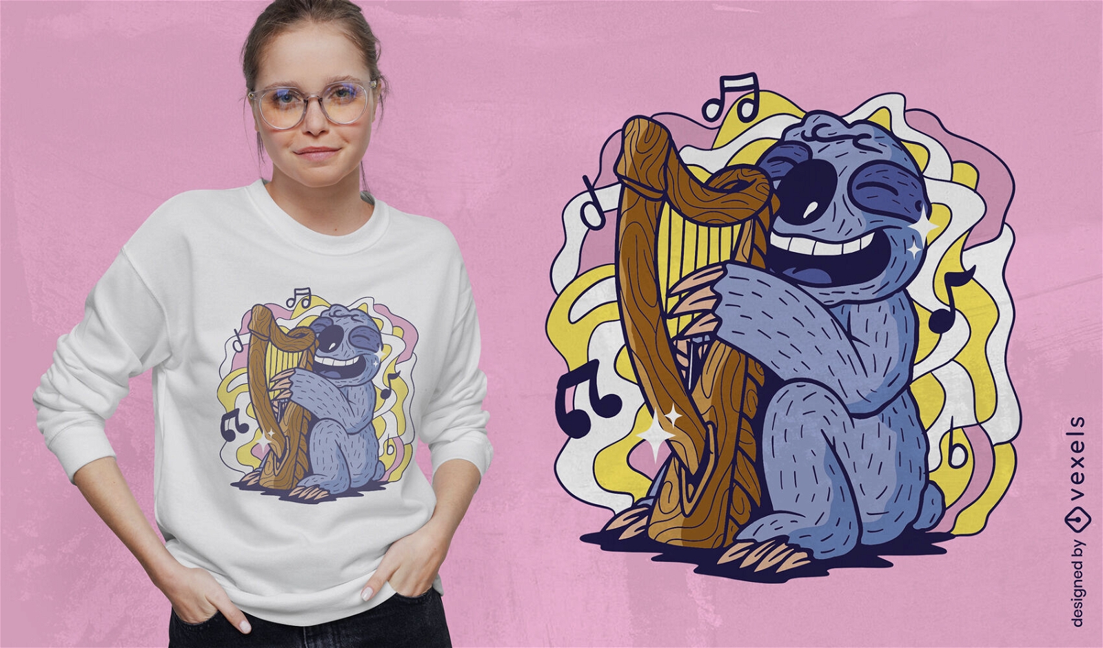 Design de camiseta de preguiça tocando harpa