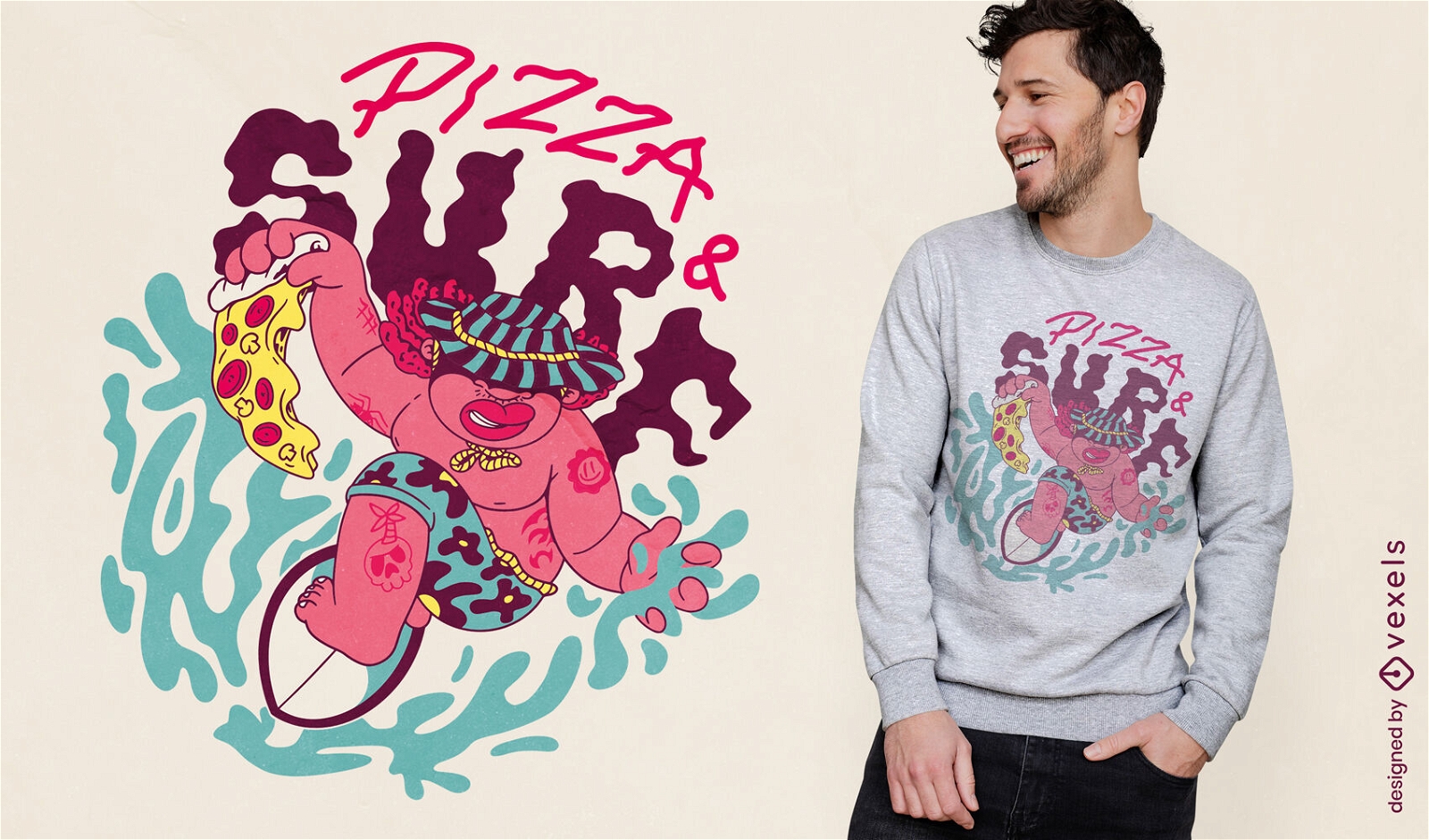 Homem surfando com design de camiseta de pizza