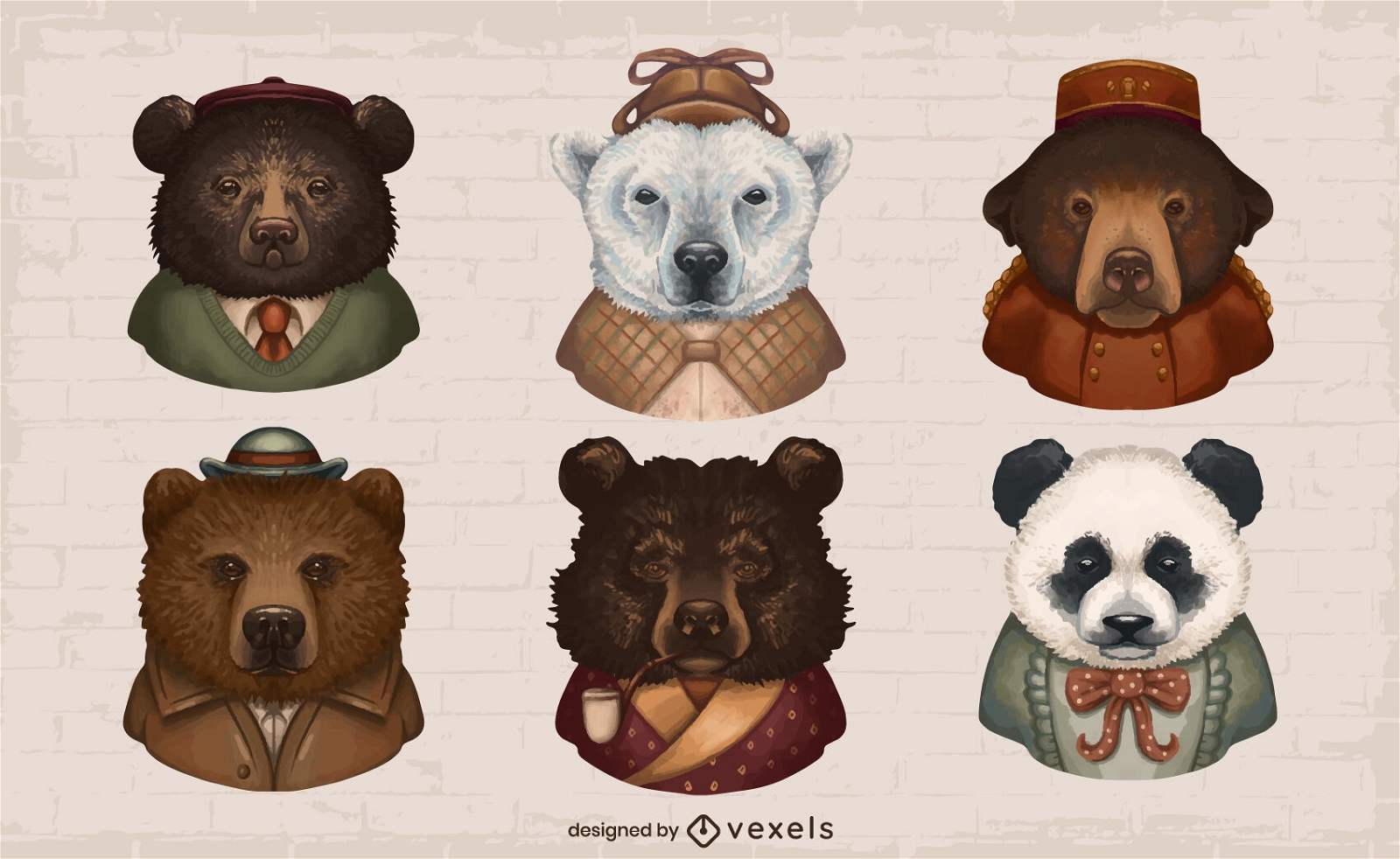 Bear wild animals in clothes illustration set