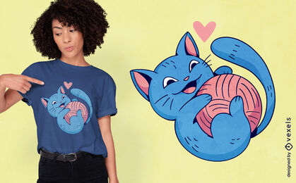 Gato de desenho animado com design de t-shirt de bola de fios