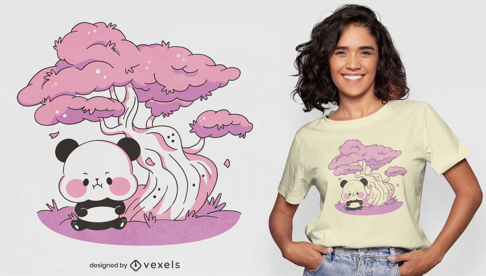 Diseño de camiseta de oso panda bajo el árbol de sakura