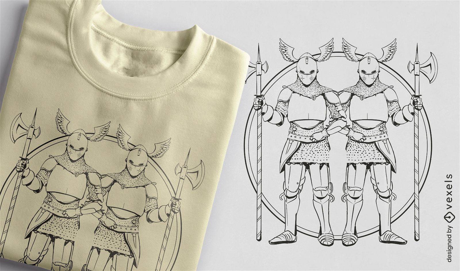 Diseño de camiseta de caballeros con armadura y lanzas.
