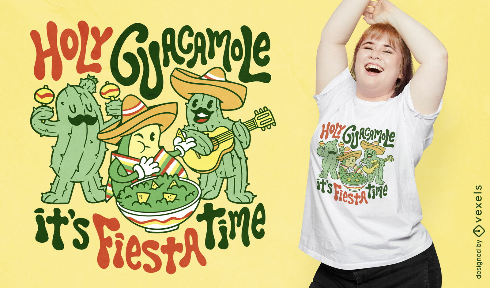 Diseño de camiseta mexicana de aguacate y cactus.