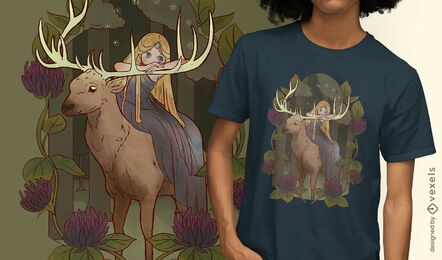 Diseño de camiseta de ciervos y hadas.