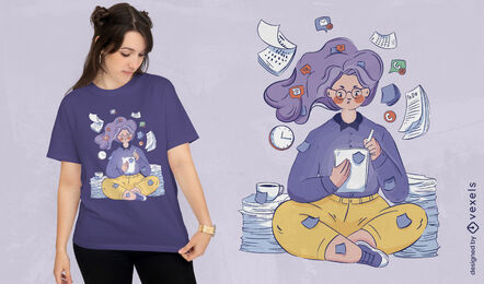 Beschäftigte Frau, die Cartoon-T-Shirt-Design arbeitet