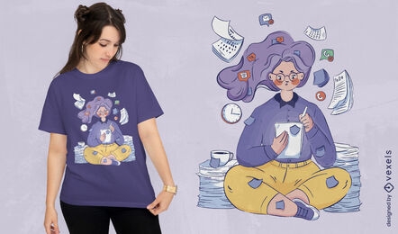 Diseño de camiseta de dibujos animados de trabajo de mujer ocupada