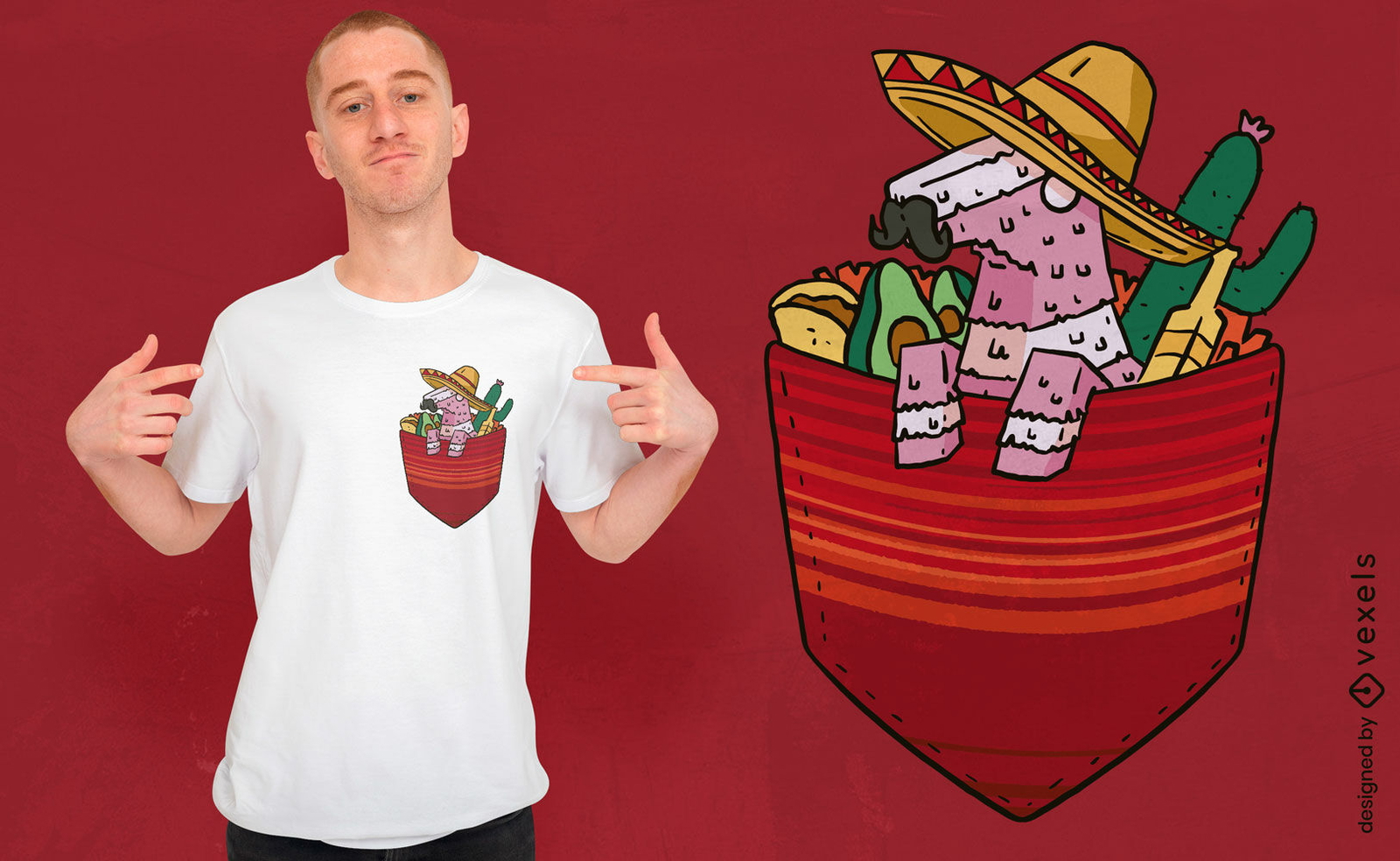 Piñata y comida mexicana en diseño de camiseta de bolsillo.