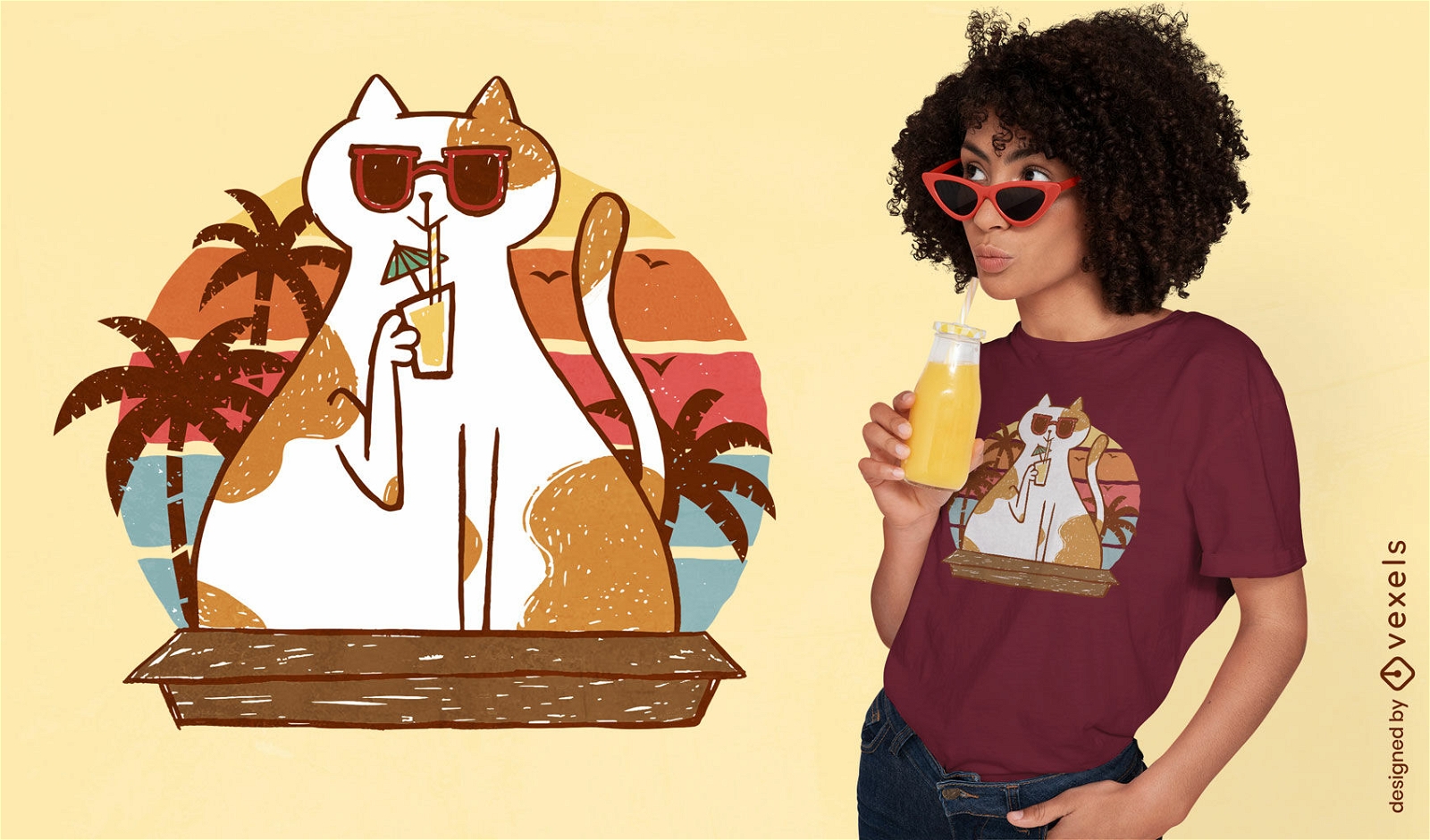 Cat with sumer drink t-shirt design
