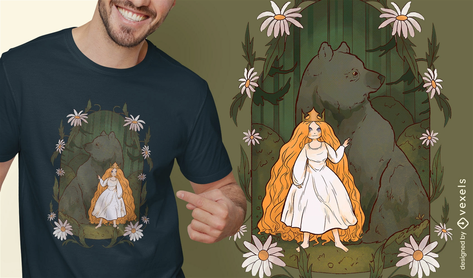 Diseño de camiseta de oso y princesa.