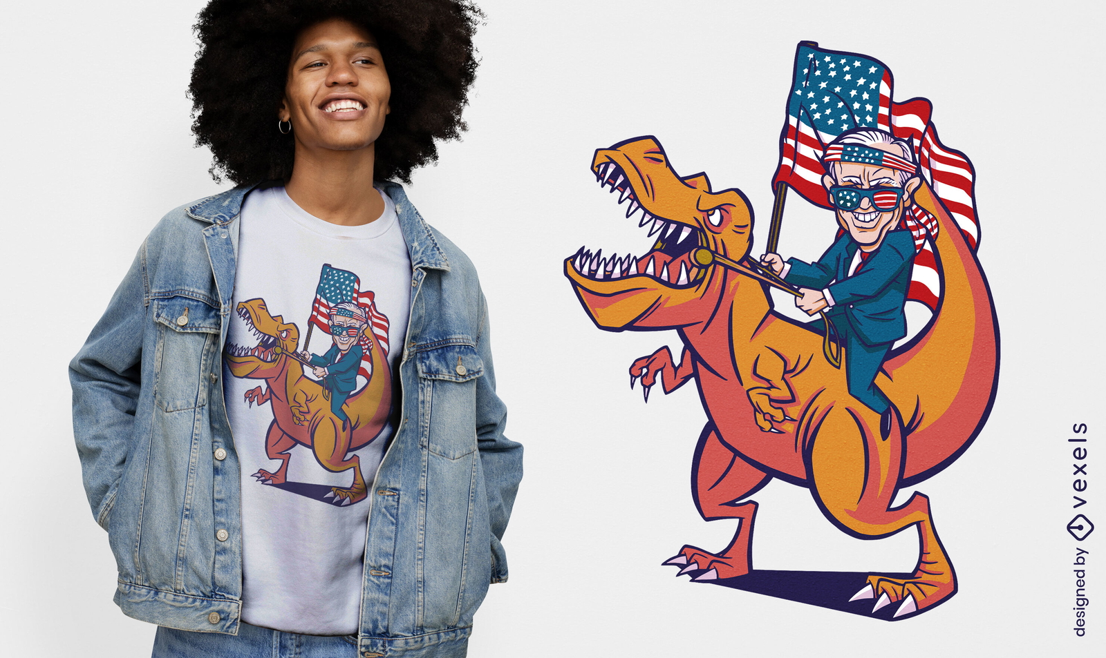 Biden montando diseño de camiseta de dinosaurio.