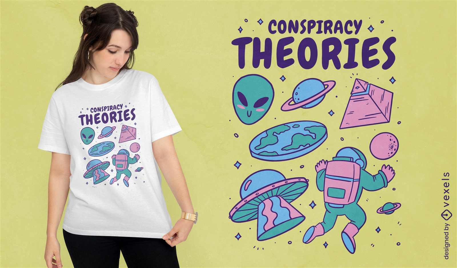 Diseño de camiseta de teorías de conspiración alienígena.