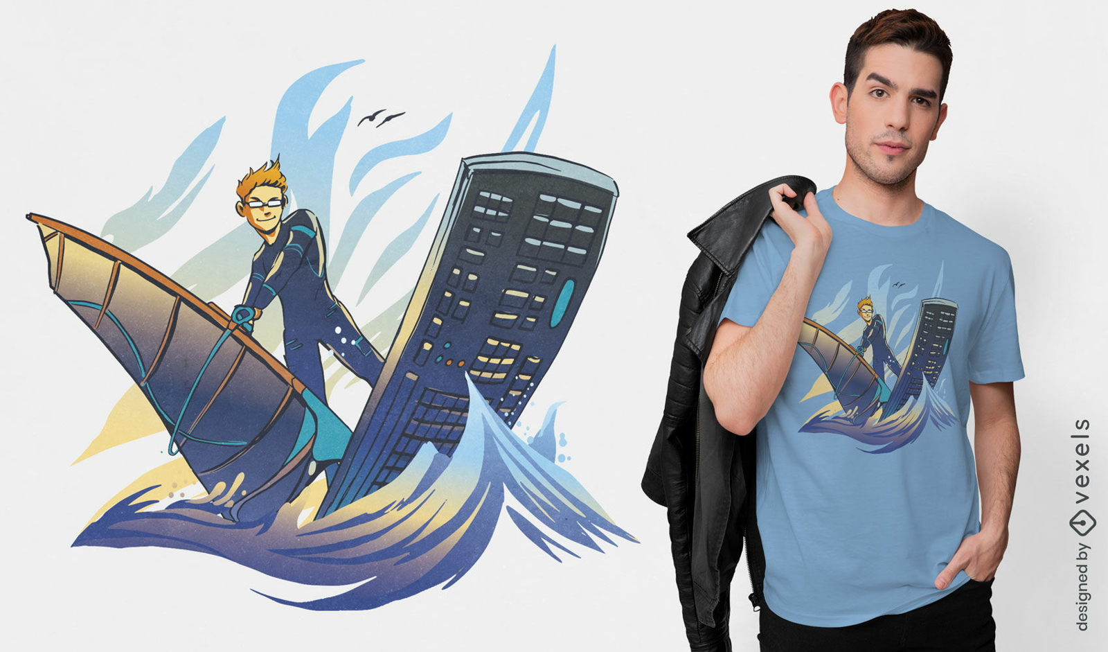 Homem windsurf no design de camiseta de teclado