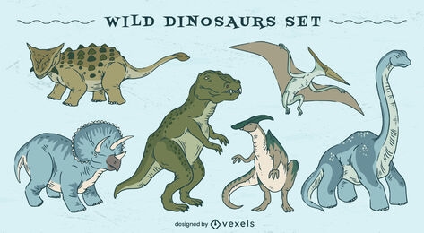 Conjunto de animales carnívoros y herbívoros de dinosaurios.